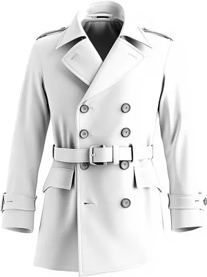 Mens White Double-Breasted Mini Trench Coats Storm Flap Lapel Collar Multipockets Water Resistant Jackets