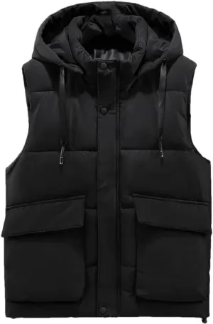 Men's Winter Sleeveles Jackets Hooded Thick Warm Cotton Padded Vests Coat With Big Pockets