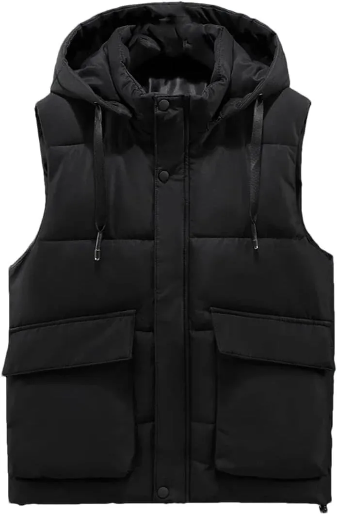 Men's Winter Sleeveles Jackets Hooded Thick Warm Cotton Padded Vests Coat With Big Pockets