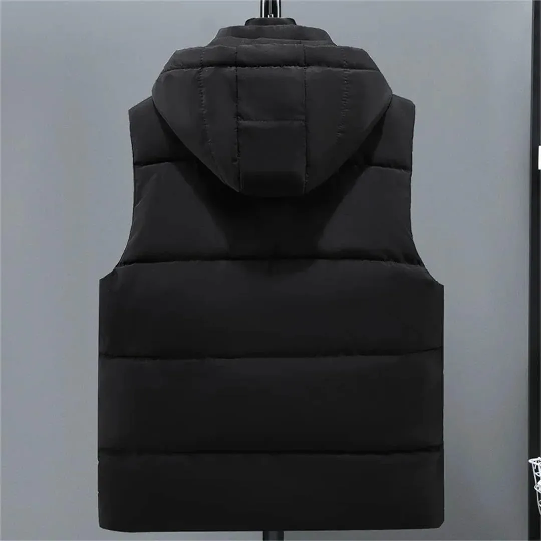 Men's Winter Sleeveles Jackets Hooded Thick Warm Cotton Padded Vests Coat With Big Pockets