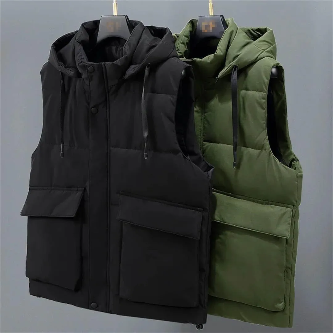 Men's Winter Sleeveles Jackets Hooded Thick Warm Cotton Padded Vests Coat With Big Pockets
