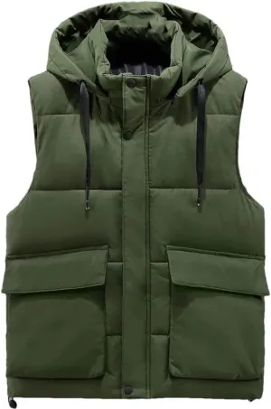 Men's Winter Sleeveles Jackets Hooded Thick Warm Cotton Padded Vests Coat With Big Pockets