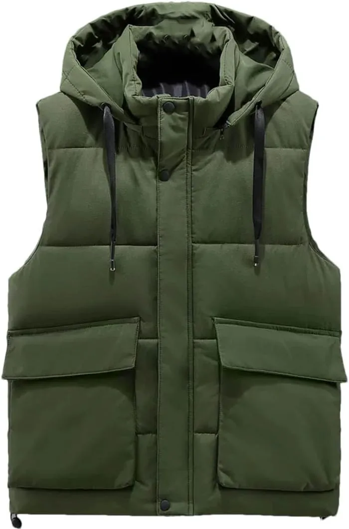 Men's Winter Sleeveles Jackets Hooded Thick Warm Cotton Padded Vests Coat With Big Pockets