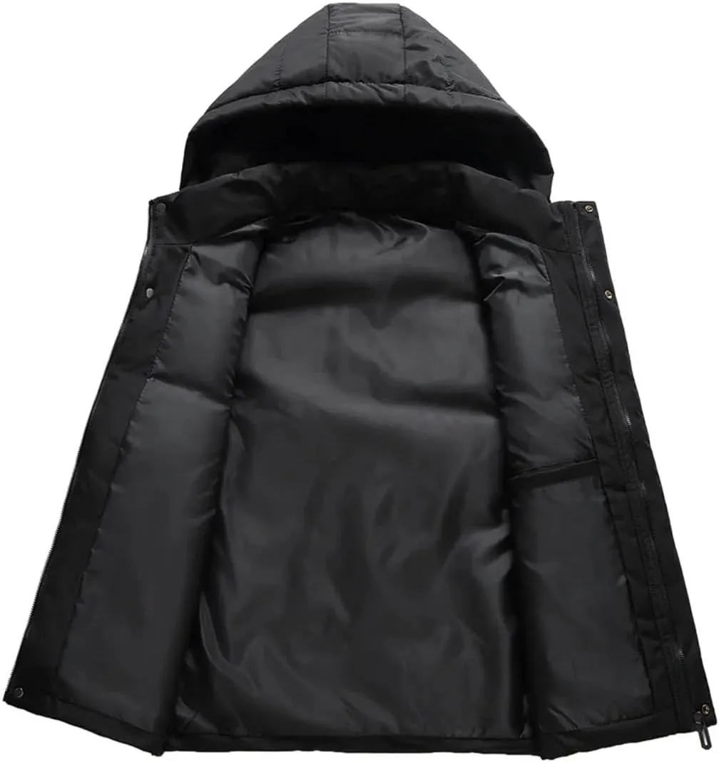 Men's Winter Sleeveles Jackets Hooded Thick Warm Cotton Padded Vests Coat With Big Pockets
