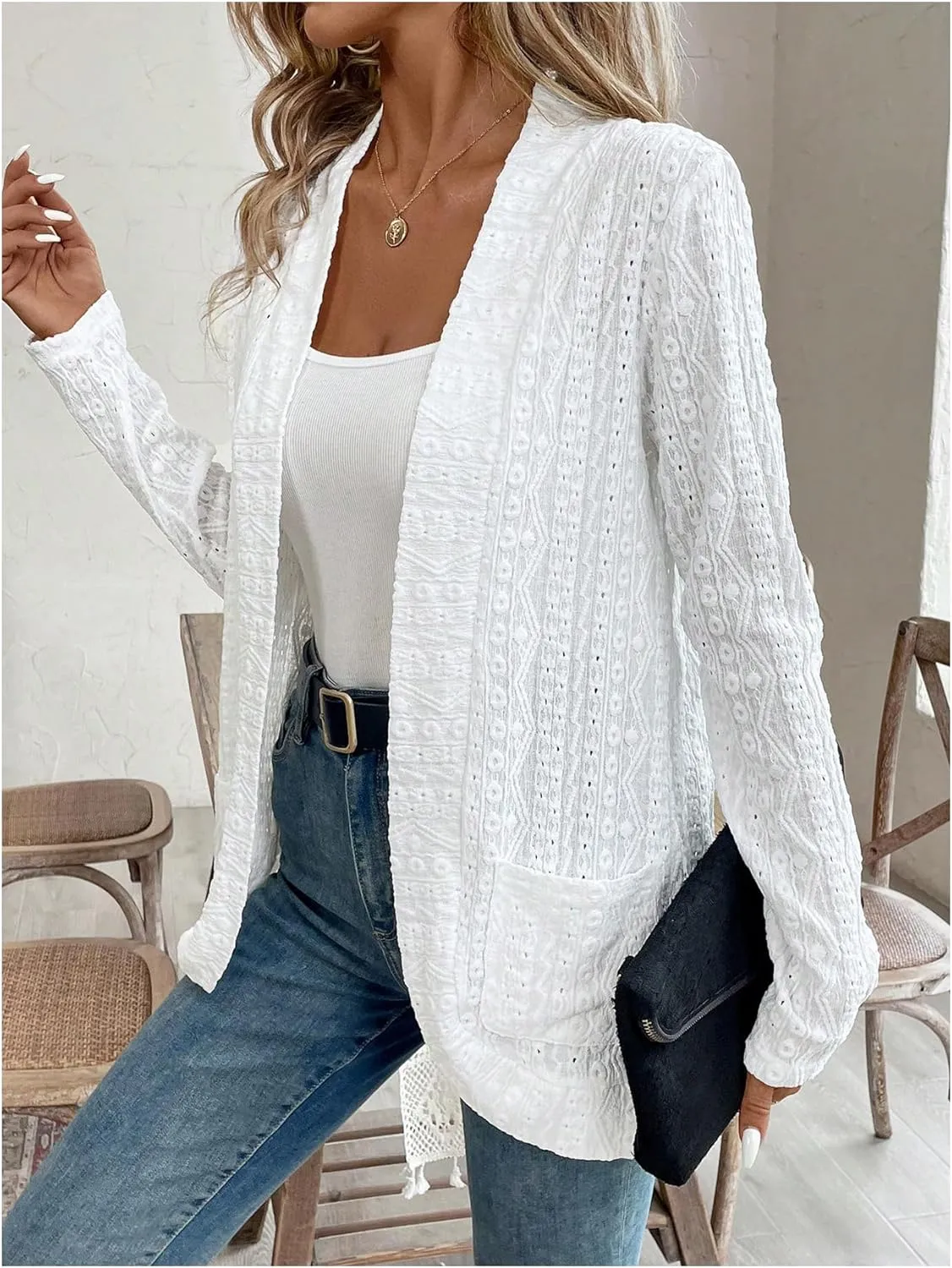 Milumia Women Lightweight Eyelet Embroidered Open Front Long Sleeve Cardigans Outerwear