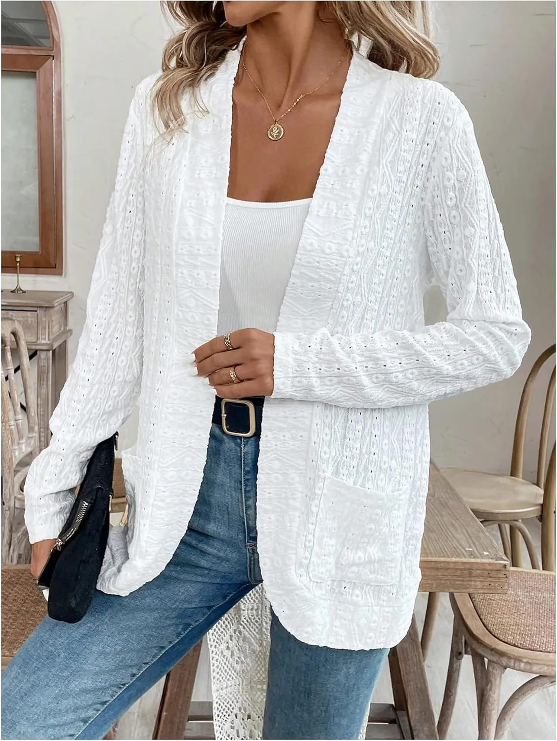 Milumia Women Lightweight Eyelet Embroidered Open Front Long Sleeve Cardigans Outerwear