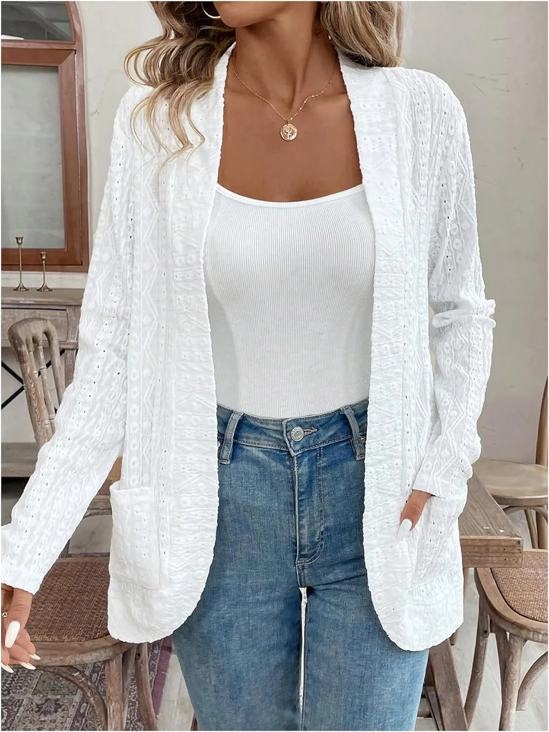 Milumia Women Lightweight Eyelet Embroidered Open Front Long Sleeve Cardigans Outerwear