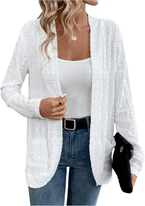 Milumia Women Lightweight Eyelet Embroidered Open Front Long Sleeve Cardigans Outerwear