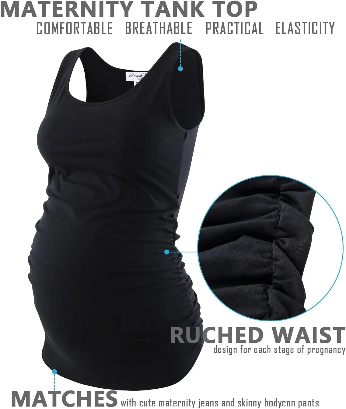 Peauty "Long Enough to Cover Hip Maternity Side Ruch Tank Tops/Basic Maternity Tops for Summer Casual Wear (S-3XL)