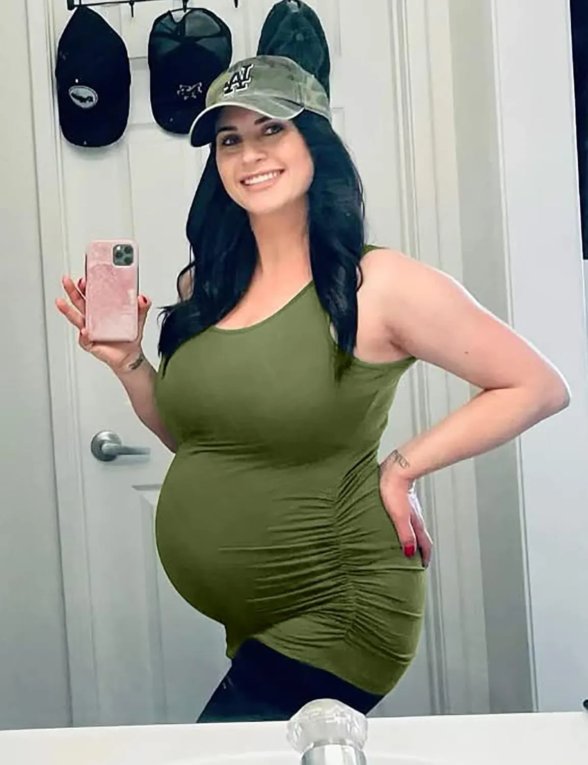 Peauty "Long Enough to Cover Hip Maternity Side Ruch Tank Tops/Basic Maternity Tops for Summer Casual Wear (S-3XL)