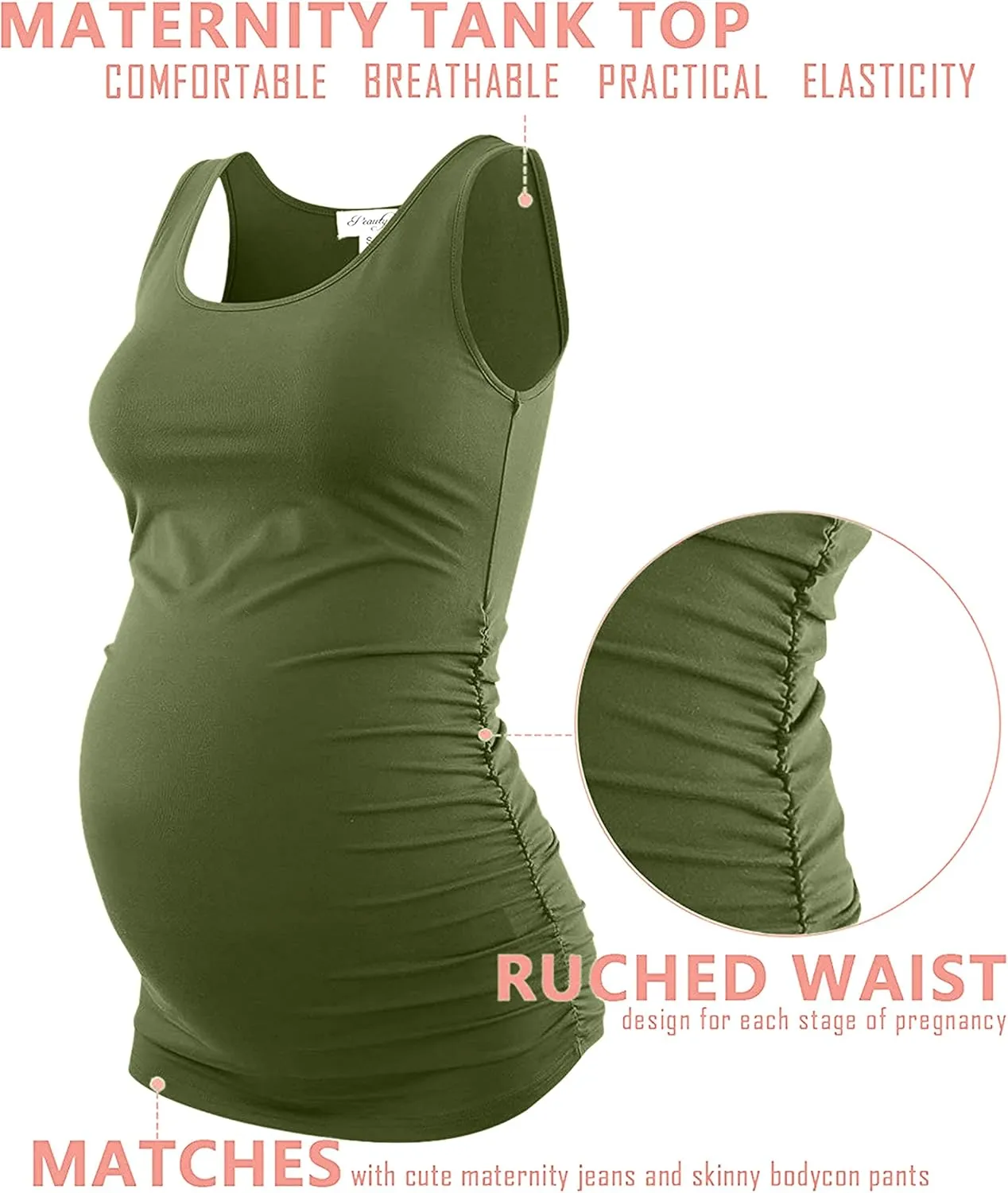 Peauty "Long Enough to Cover Hip Maternity Side Ruch Tank Tops/Basic Maternity Tops for Summer Casual Wear (S-3XL)