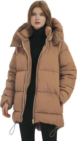 PEHMEA Women Mid-Length Puffer Hooded Jacket Winter Padded Warm Coat Thicken Outerwear Coats