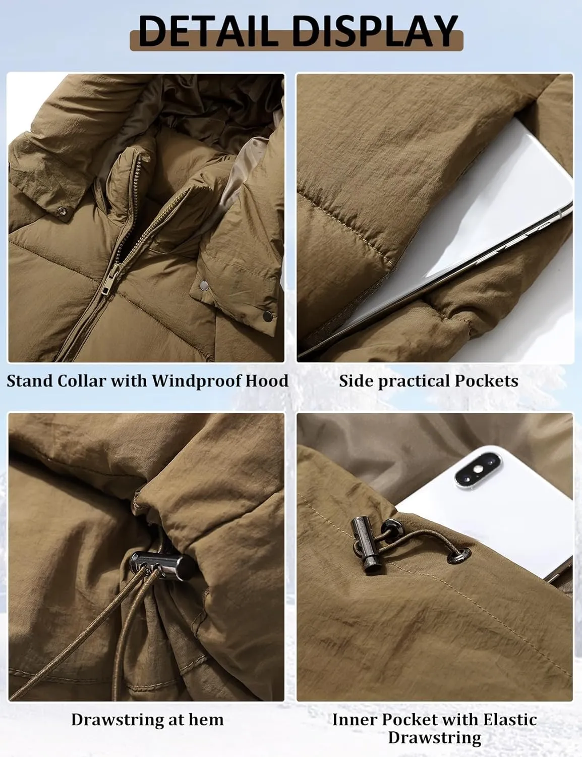PEHMEA Women Mid-Length Puffer Hooded Jacket Winter Padded Warm Coat Thicken Outerwear Coats