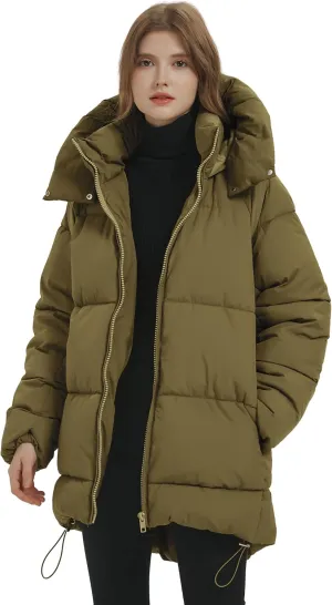 PEHMEA Women Mid-Length Puffer Hooded Jacket Winter Padded Warm Coat Thicken Outerwear Coats