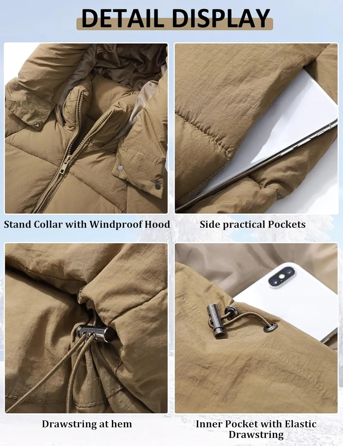 PEHMEA Women Mid-Length Puffer Hooded Jacket Winter Padded Warm Coat Thicken Outerwear Coats