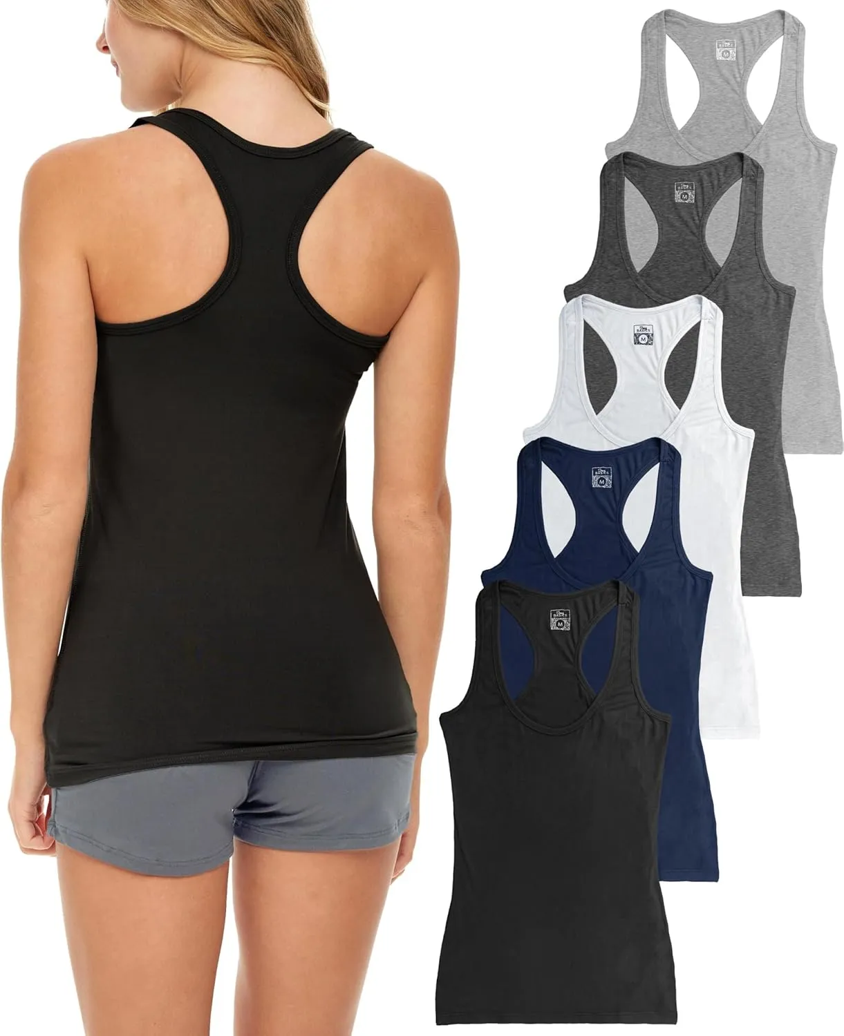 Sexy Basics Women's 5 Pack Racerback PowerFlex Tank Tops/Cotton -Spandex Stretch Color Tank Tops
