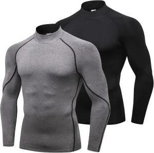 SPVISE 1 or 2 Pack Men's Compression Shirts Long Sleeve Athletic Workout T-Shirts Cool Dry Undershirts Turtle Neck Gym Tops