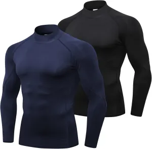 SPVISE 1 or 2 Pack Men's Compression Shirts Long Sleeve Athletic Workout T-Shirts Cool Dry Undershirts Turtle Neck Gym Tops