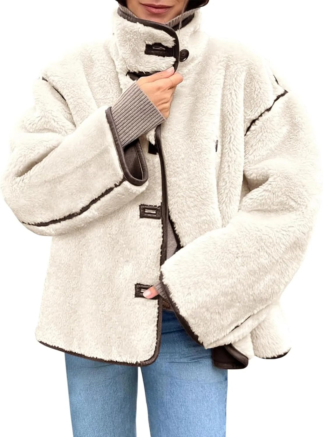 Tankaneo Womens Faux Fur Jackets Warm Winter Casual Button Down Stand Collar Long Sleeve Shaggy Outwear Coats