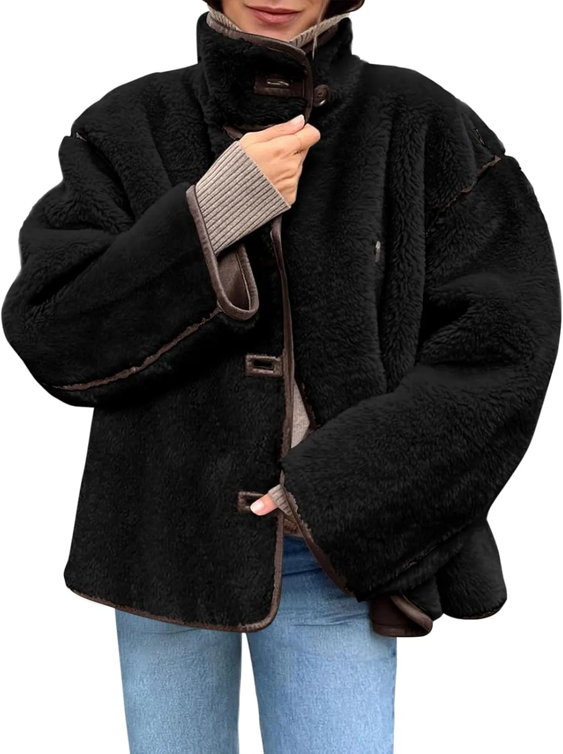 Tankaneo Womens Faux Fur Jackets Warm Winter Casual Button Down Stand Collar Long Sleeve Shaggy Outwear Coats