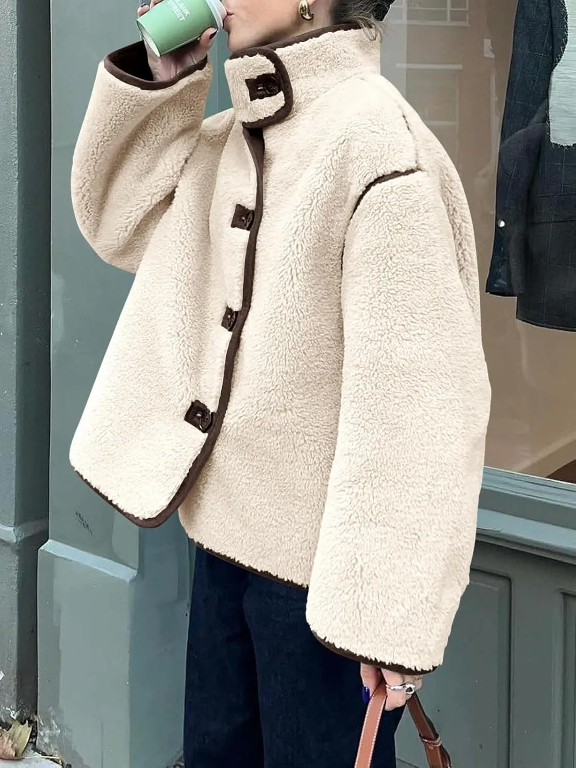 Tankaneo Womens Faux Fur Jackets Warm Winter Casual Button Down Stand Collar Long Sleeve Shaggy Outwear Coats