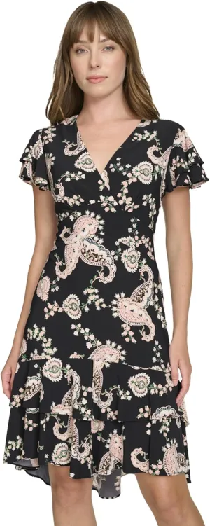 Tommy Hilfiger Women's Flutter Sleeve V-Neck Ruffle Trim Chiffon Mini Dress