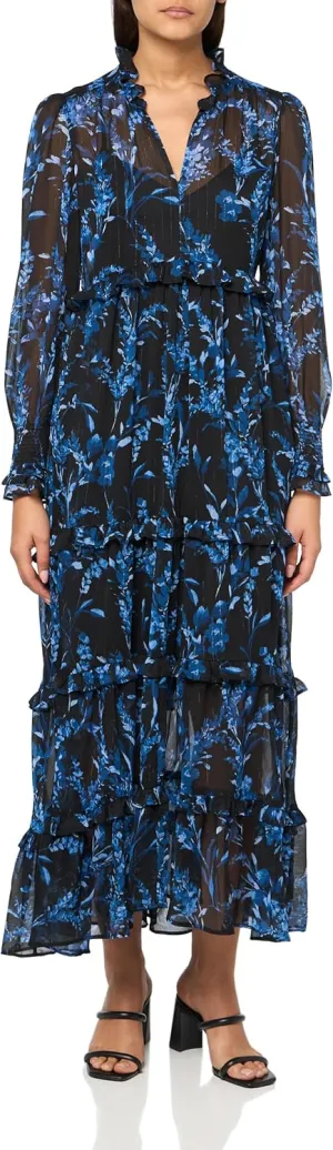 Tommy Hilfiger Women's Smocked Neck and Cuffs Tiered Skirt Long Sleeves Maxi Dress