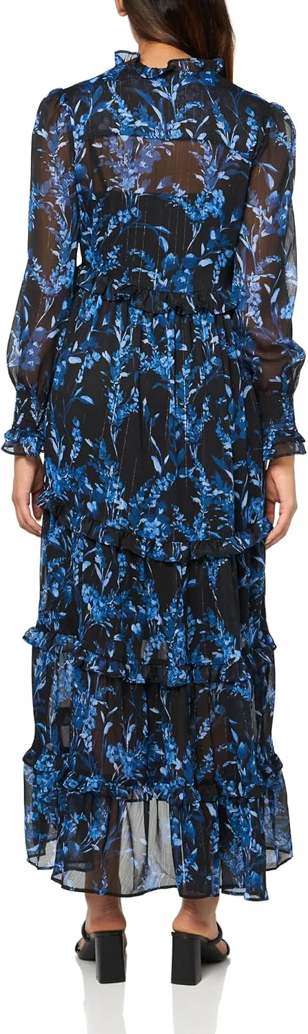 Tommy Hilfiger Women's Smocked Neck and Cuffs Tiered Skirt Long Sleeves Maxi Dress