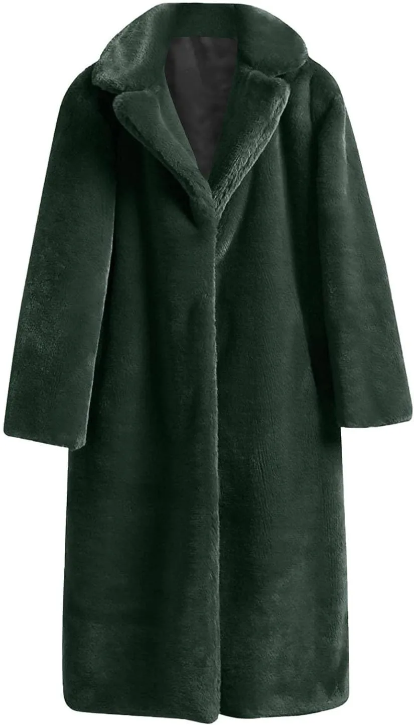Women Faux Fur Long Coat Warm Winter Fleece Fuzzy Jacket Open Front Long Cardigan Thickened Sherpa Outerwear Overcoat