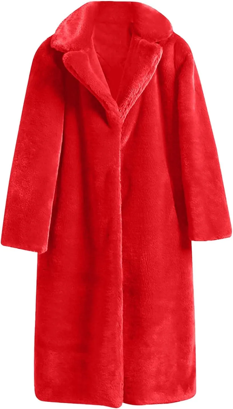 Women Faux Fur Long Coat Warm Winter Fleece Fuzzy Jacket Open Front Long Cardigan Thickened Sherpa Outerwear Overcoat