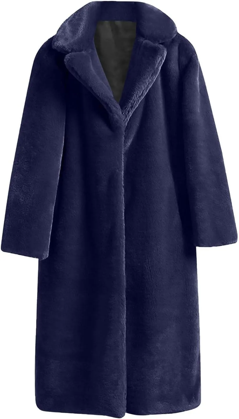 Women Faux Fur Long Coat Warm Winter Fleece Fuzzy Jacket Open Front Long Cardigan Thickened Sherpa Outerwear Overcoat