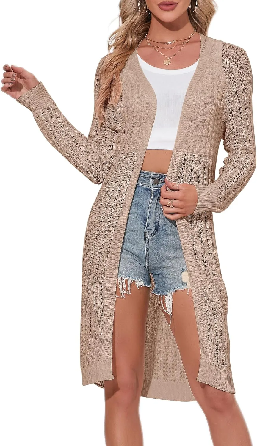 Women Long Crochet Cardigan Lightweight Open Front Casual Long Sleeve Knit Cardigans