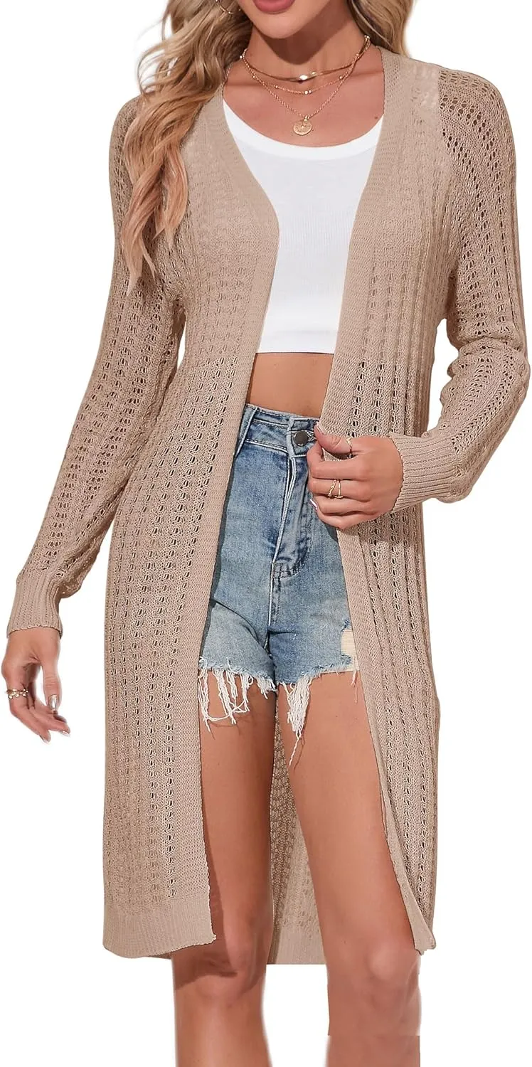Women Long Crochet Cardigan Lightweight Open Front Casual Long Sleeve Knit Cardigans