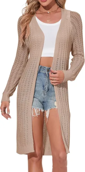 Women Long Crochet Cardigan Lightweight Open Front Casual Long Sleeve Knit Cardigans