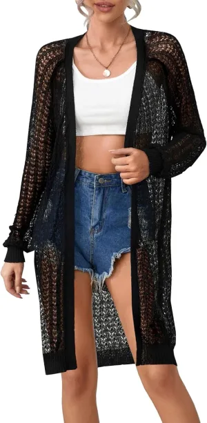 Women Long Crochet Cardigan Lightweight Open Front Casual Long Sleeve Knit Cardigans