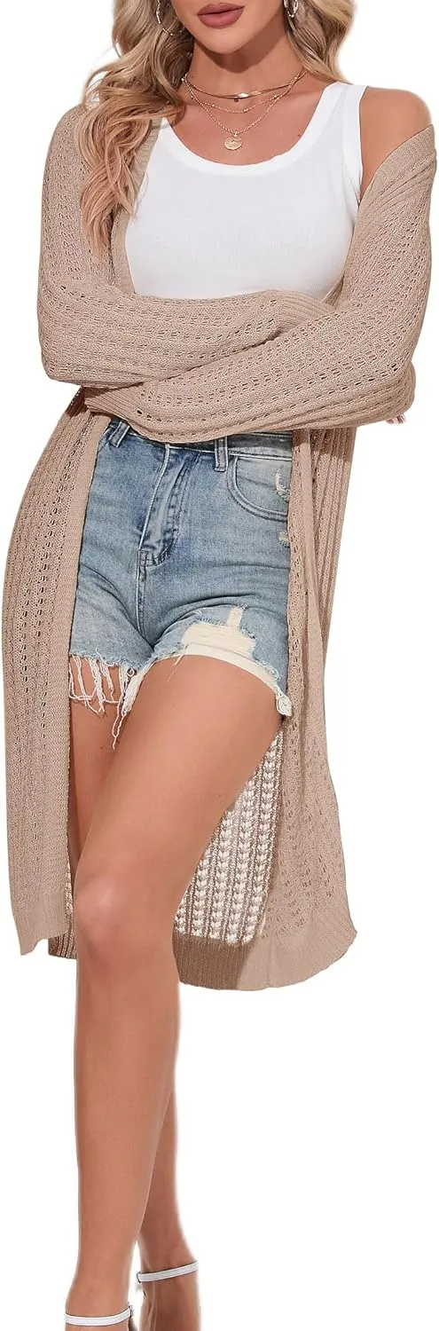 Women Long Crochet Cardigan Lightweight Open Front Casual Long Sleeve Knit Cardigans