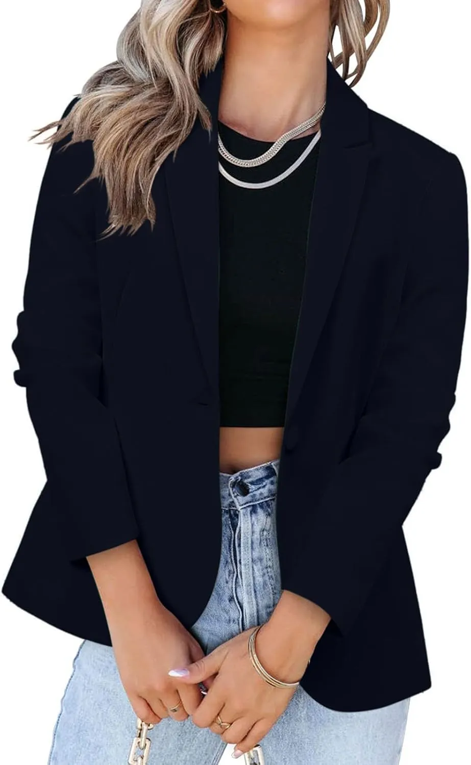 Women's 2024 Fall Business Casual Blazers Open Front Trendy Work Office Blazer Jacket Long Sleeve Solid Color Outwear