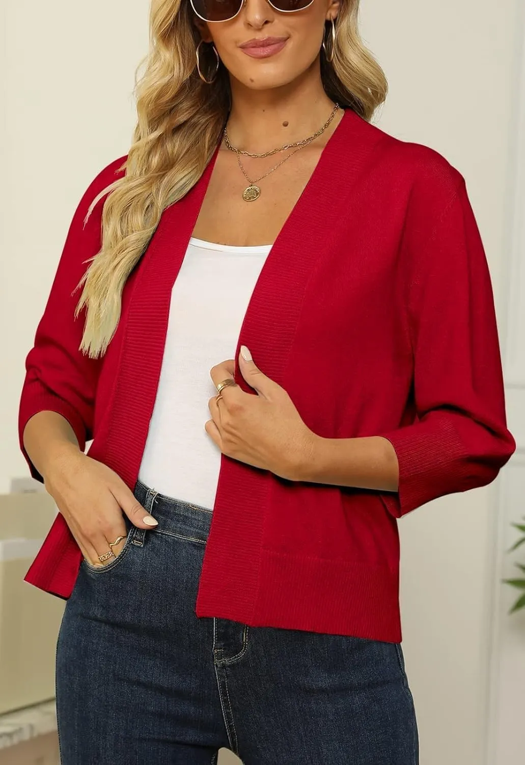Womens 3/4 Sleeve Cropped Cardigan Sweater Fashion Cardigans Lightweight Knit Sweaters