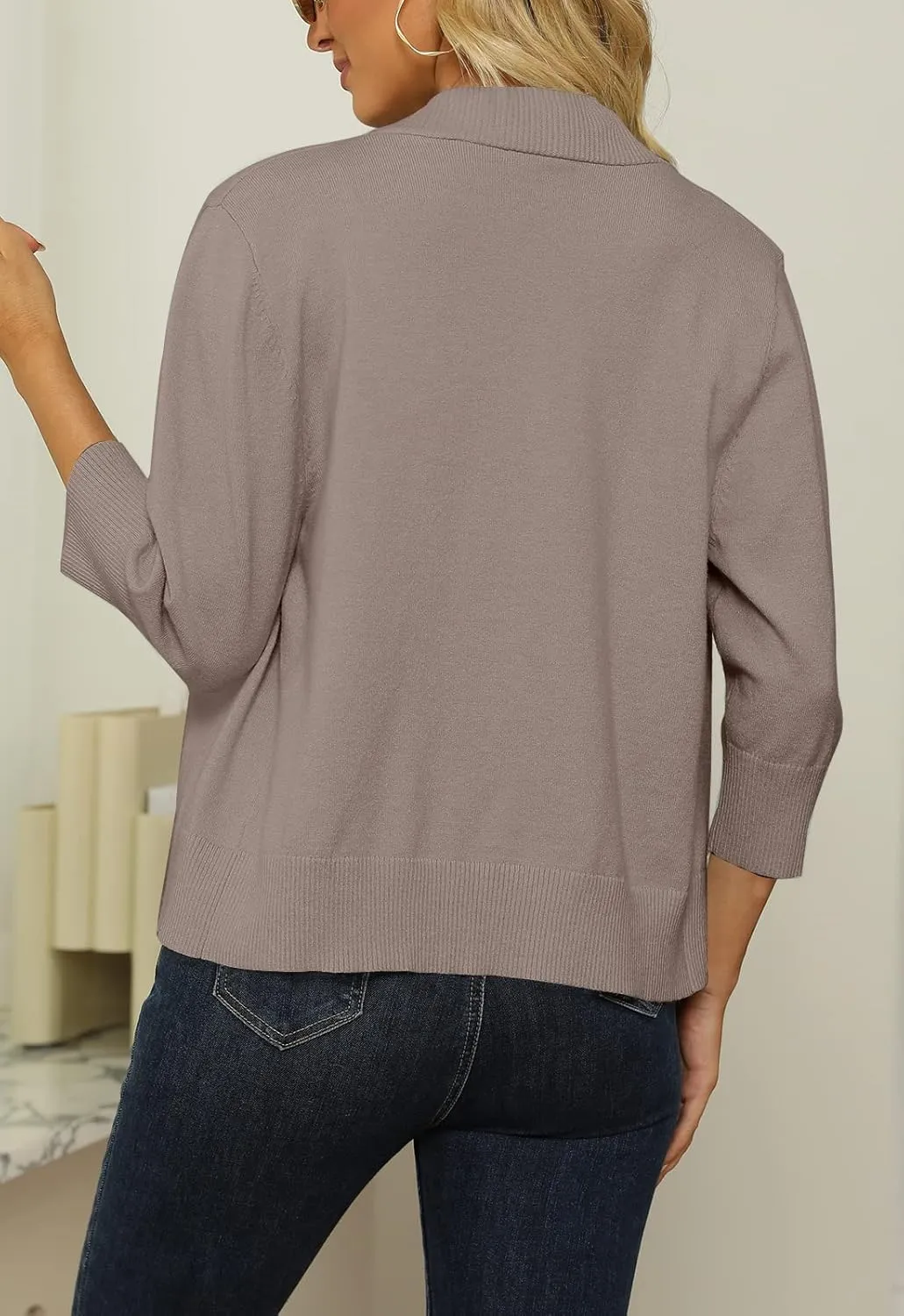 Women's 3/4 Sleeve Cropped Cardigan Sweater Open Front Short Shrugs Cardigans Lightweight Sweaters