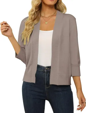Women's 3/4 Sleeve Cropped Cardigan Sweater Open Front Short Shrugs Cardigans Lightweight Sweaters