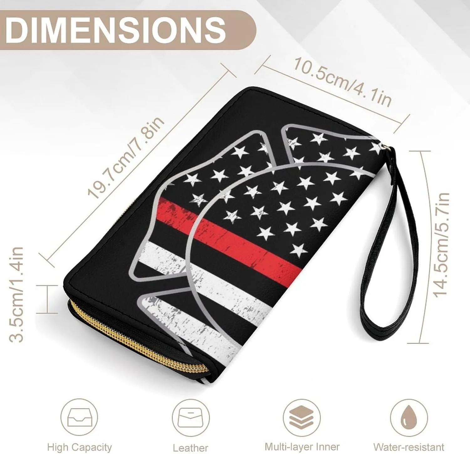 Women's American Thin Red Line Firefighter Flag Black PU Leather Clutch with Wristlet, 7.8x4.1x1.4 Inch Compact Wallet for Daily Essentials, Fashionable and Functional Design