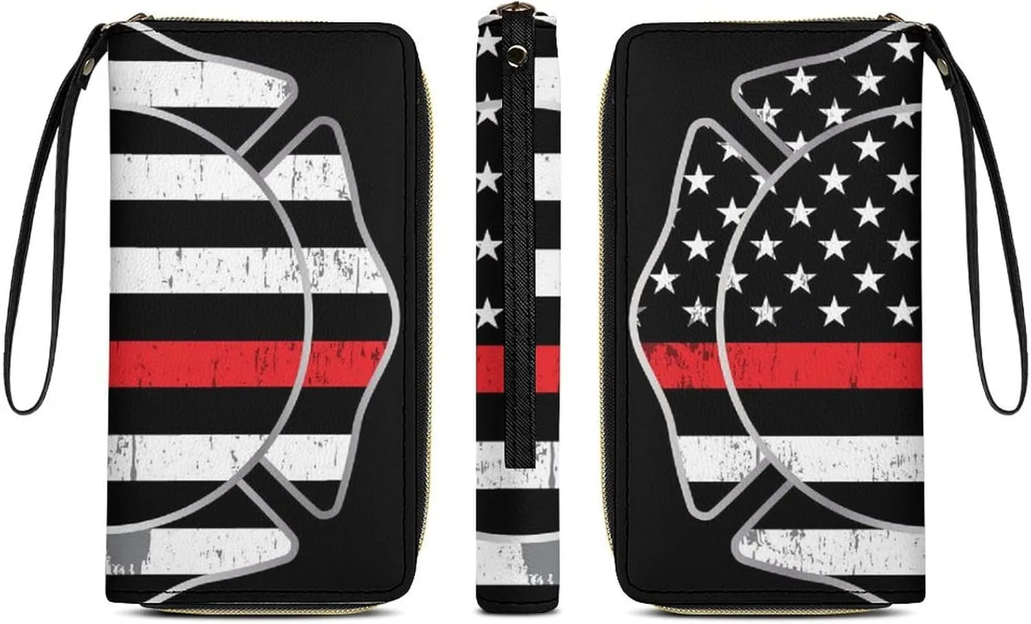 Women's American Thin Red Line Firefighter Flag Black PU Leather Clutch with Wristlet, 7.8x4.1x1.4 Inch Compact Wallet for Daily Essentials, Fashionable and Functional Design