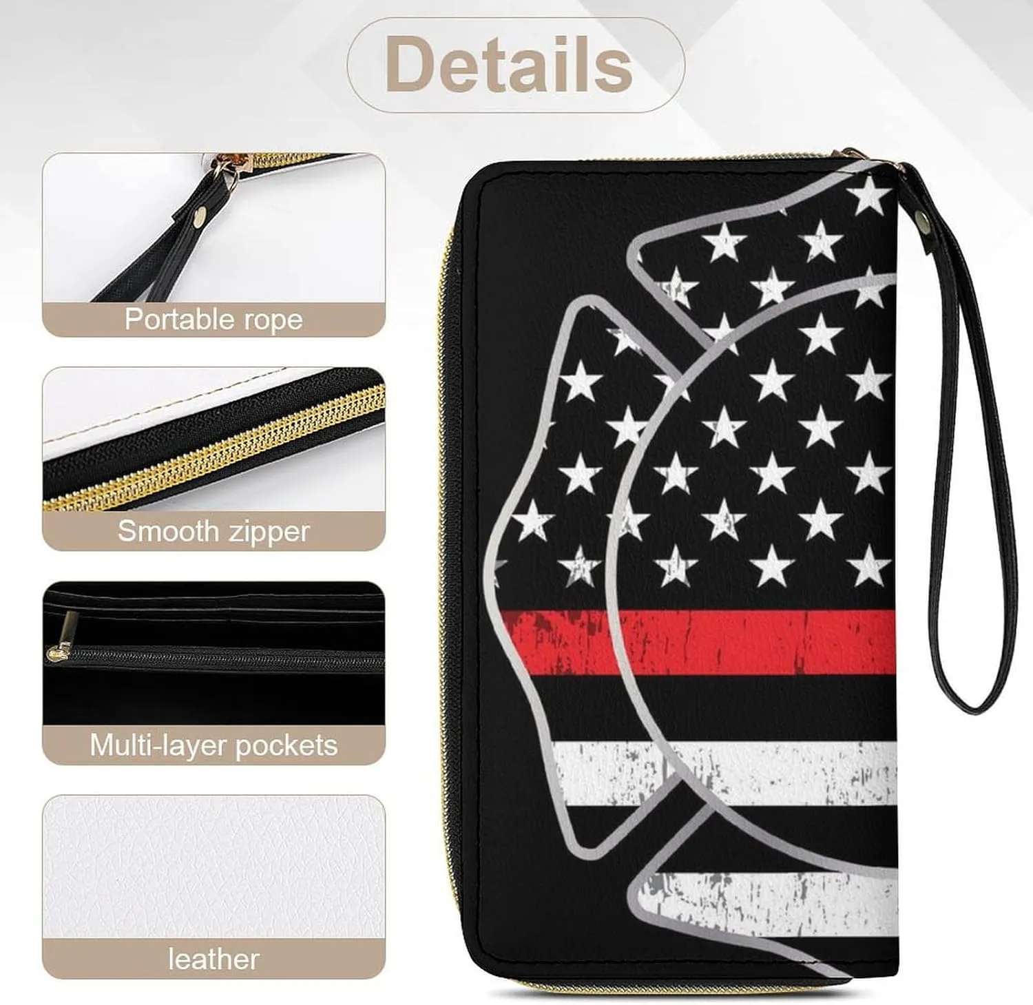 Women's American Thin Red Line Firefighter Flag Black PU Leather Clutch with Wristlet, 7.8x4.1x1.4 Inch Compact Wallet for Daily Essentials, Fashionable and Functional Design