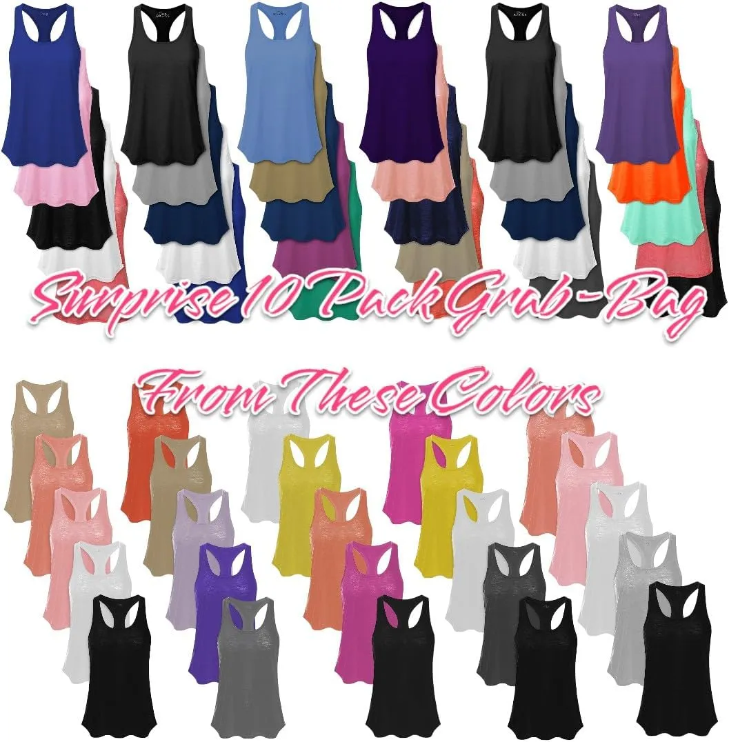Women's Everyday Flowy Burnout Slub Racer Back Active Workout Tank Tops- 10 Pack