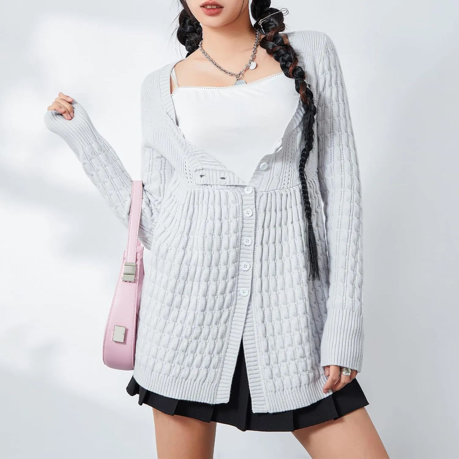 Womens Long Sleeve Open Front Cable Knit Cardigans Casual Square Neck Button Down Loose Lightweight Sweaters Top