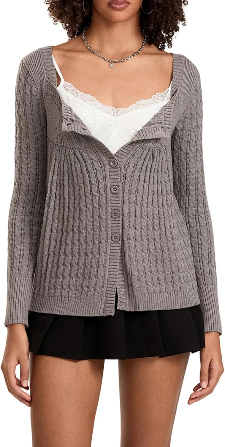Womens Long Sleeve Open Front Cable Knit Cardigans Casual Square Neck Button Down Loose Lightweight Sweaters Top