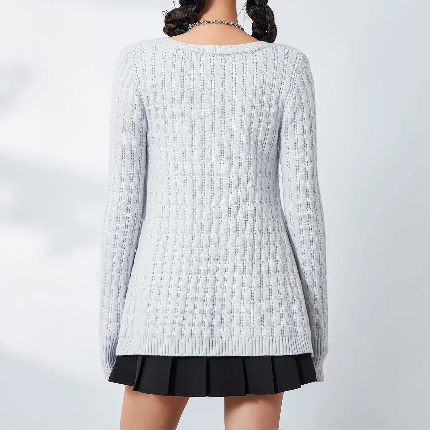 Womens Long Sleeve Open Front Cable Knit Cardigans Casual Square Neck Button Down Loose Lightweight Sweaters Top