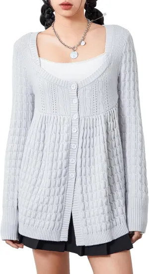 Womens Long Sleeve Open Front Cable Knit Cardigans Casual Square Neck Button Down Loose Lightweight Sweaters Top
