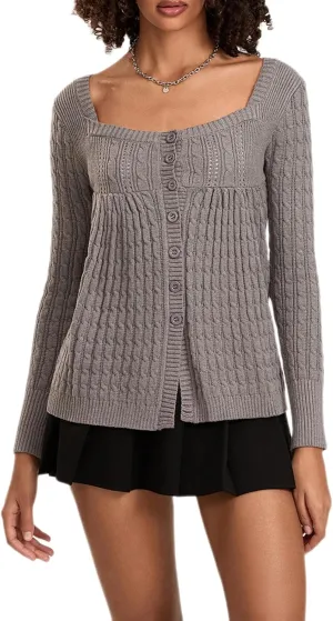 Womens Long Sleeve Open Front Cable Knit Cardigans Casual Square Neck Button Down Loose Lightweight Sweaters Top