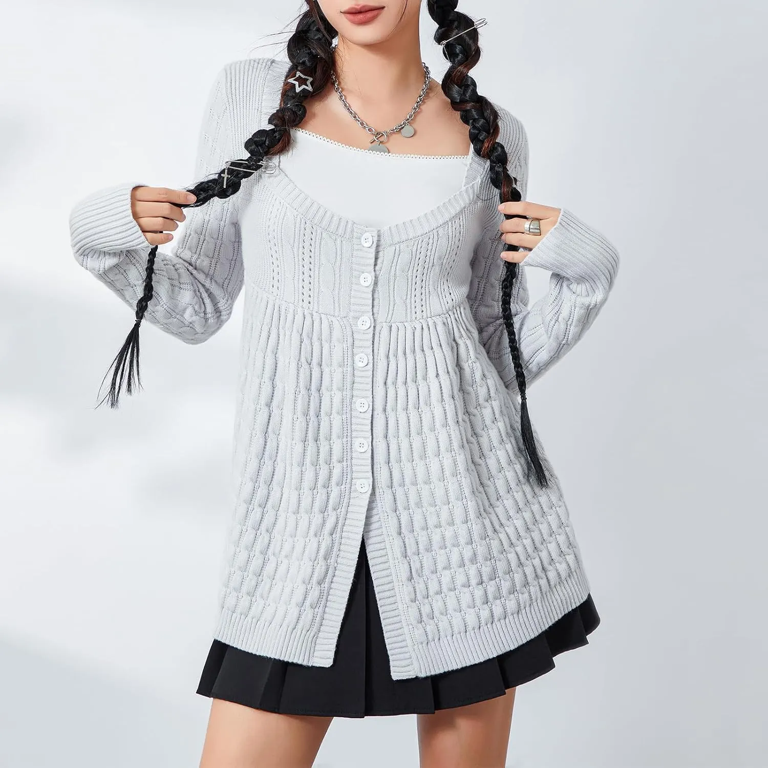 Womens Long Sleeve Open Front Cable Knit Cardigans Casual Square Neck Button Down Loose Lightweight Sweaters Top
